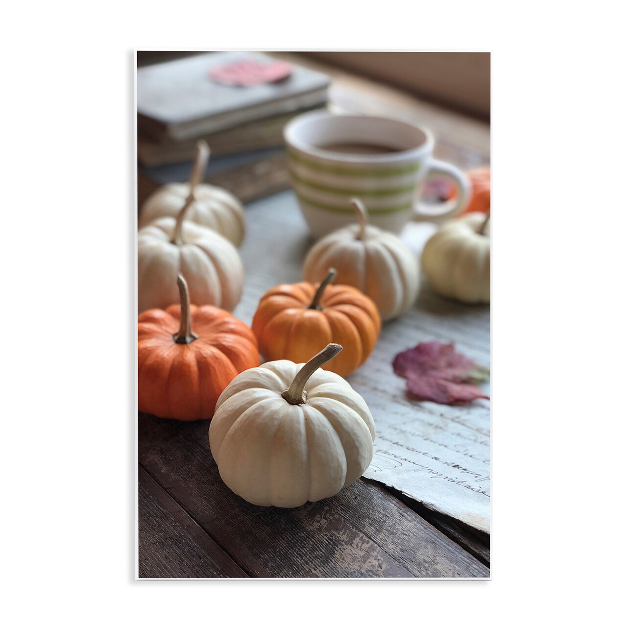 Cozy Pumpkins Scattered Leaves Coffee Mug Photography Wall Plaque Art